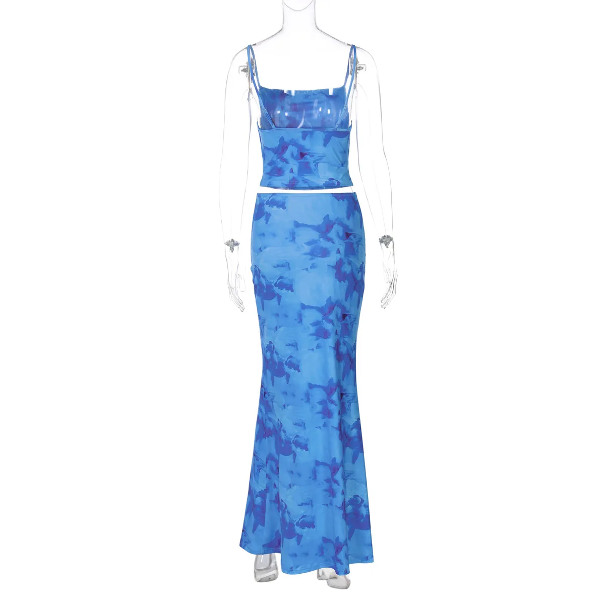 Fashion Women Summer Mesh Tie Dye Spaghetti Strap+Hips Wrap Skirt Sexy Slim Sleevess Backless Crop Vest Long Skirt 2pcs Suits