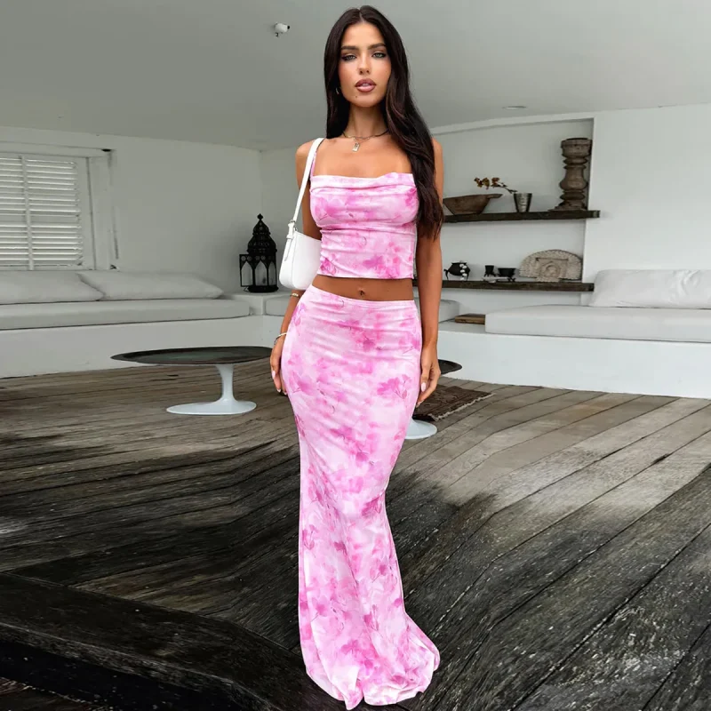 Mesh Tie-Dye Crop Top Long Skirt Dress
