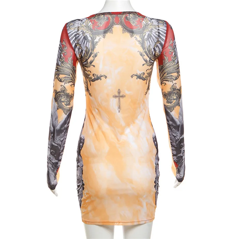 Street Sexy Mesh Digital Printing High Waist Hip Wrap Slim Dress 2025 Fashion Spring And Summer New Women's Clothing