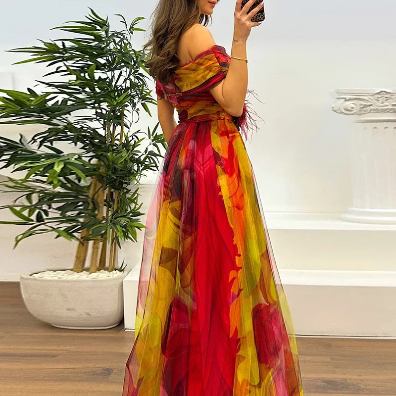 Casual Pleats Women's Long Dresses New Summer Mesh Printed Lady Evening Dress Fashion Strapless Slim Fit Split Party Dress