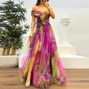 Pleats Long Dresses Tie Dye Strapless