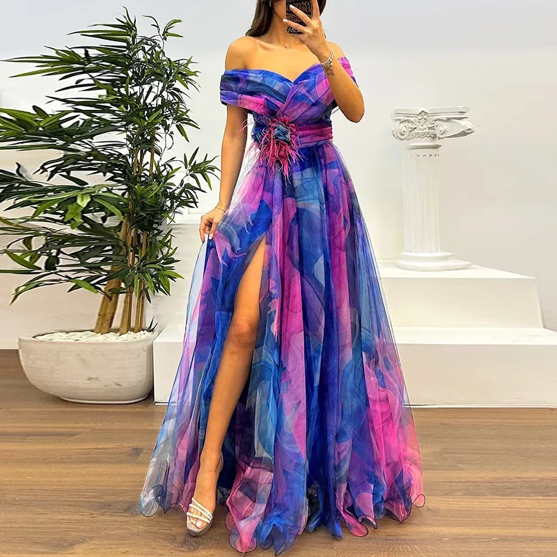 Casual Pleats Women's Long Dresses New Summer Mesh Printed Lady Evening Dress Fashion Strapless Slim Fit Split Party Dress
