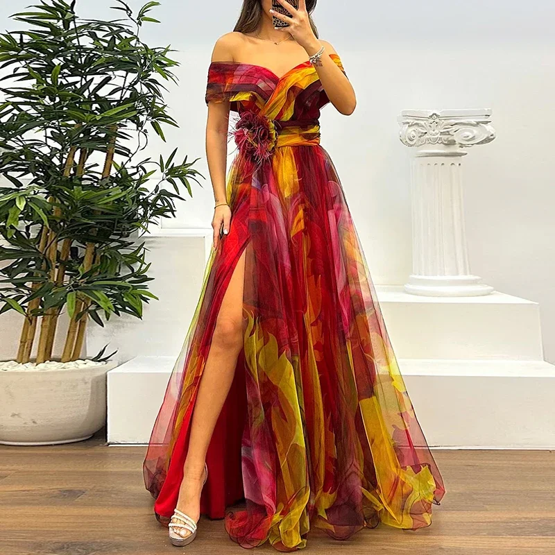 Casual Pleats Women's Long Dresses New Summer Mesh Printed Lady Evening Dress Fashion Strapless Slim Fit Split Party Dress